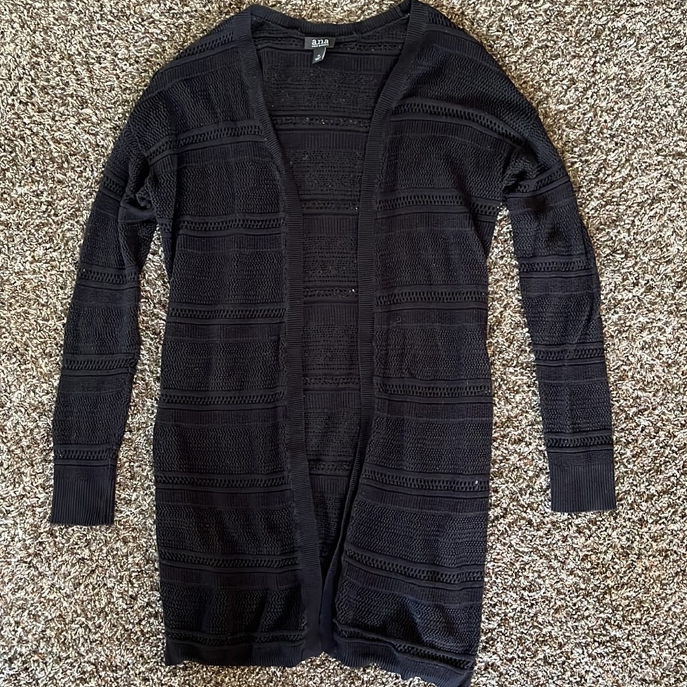 ANA Long, Solid Black, Open Knit, Long Cardigan Sweater, Size Medium, Woven